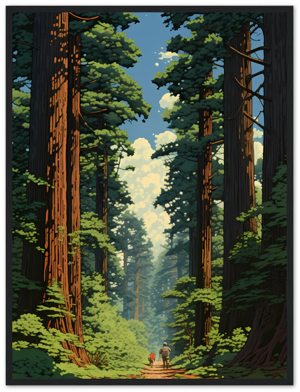 Illustration of two people walking on a path through a towering redwood forest.