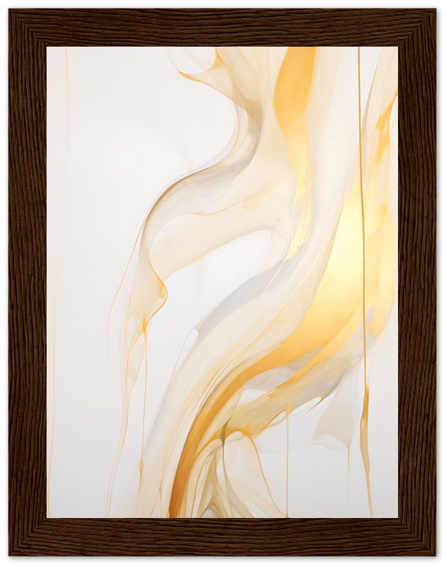 Abstract golden swirls artwork in a dark wooden frame.