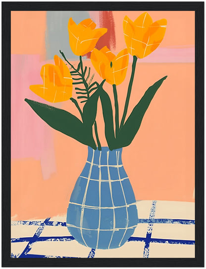 Abstract painting of yellow tulips in a blue checked vase against colorful background.