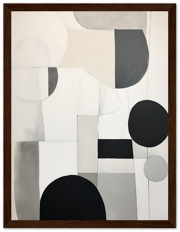 Abstract painting with monochromatic geometric shapes in a textured frame.