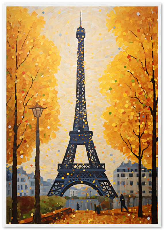 An impressionist-style painting of the Eiffel Tower framed by golden autumn trees.