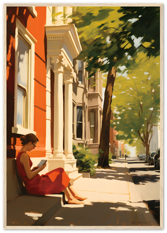 A painting of a person reading on a sunny city sidewalk with shadows of trees.