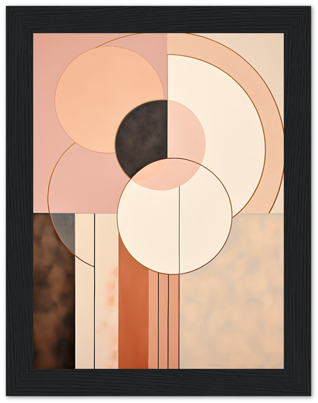 A framed abstract geometric artwork featuring circles and stripes in shades of orange, white, and black.