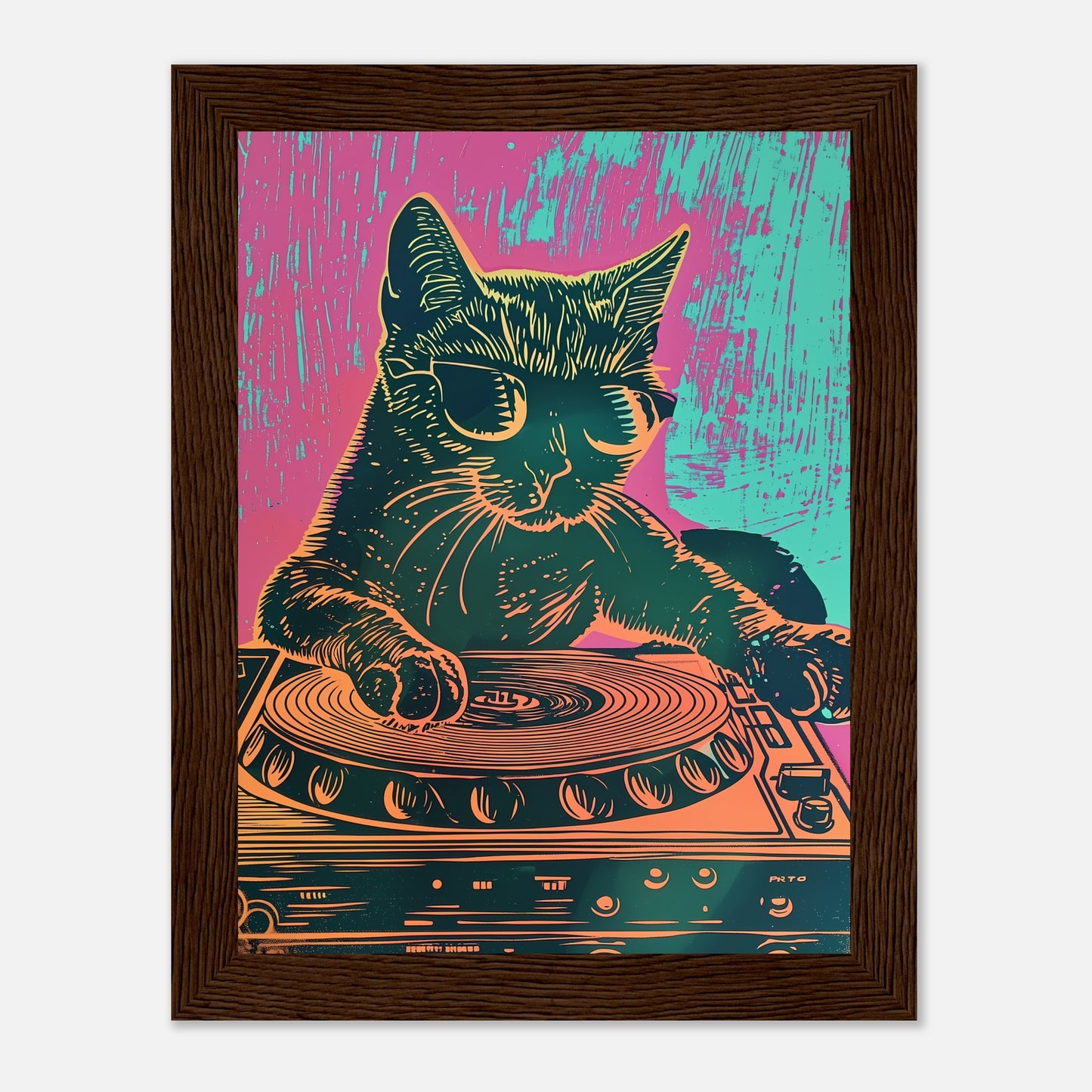 Colorful illustration of a cat DJing on a turntable, framed as artwork.