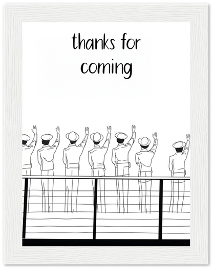 Illustration of people waving goodbye with text "thanks for coming" above them.