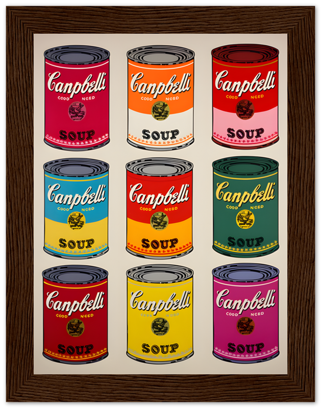 Nine colorful Campbell's soup cans in a 3x3 grid, reminiscent of Andy Warhol's pop art.