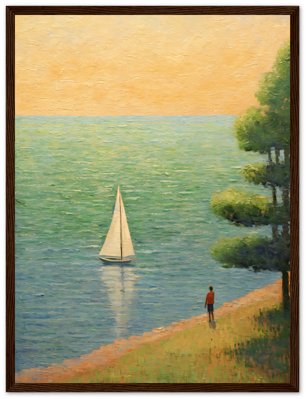 A framed painting of a person standing by the shore watching a sailboat at sunset.