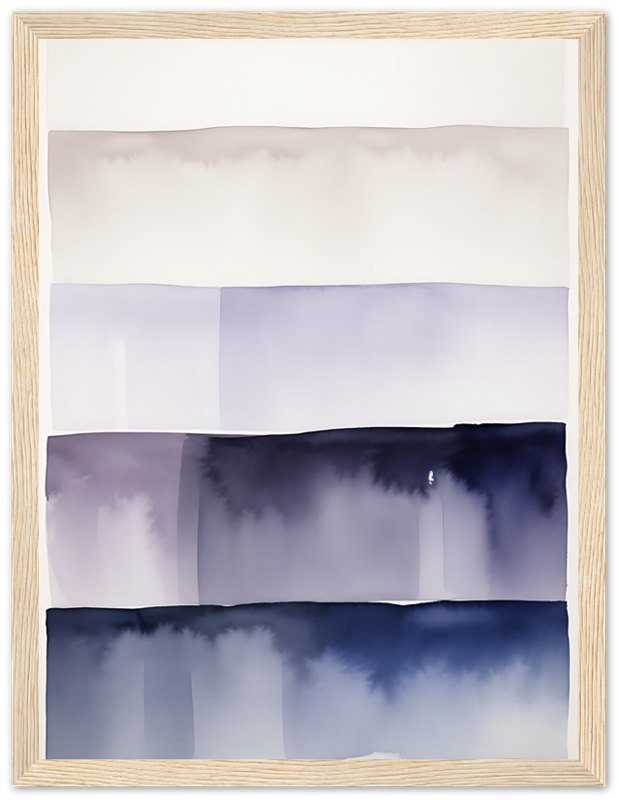 An abstract watercolor painting with various shades of blue, framed in wood.