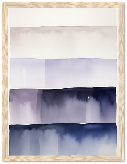 An abstract watercolor painting with various shades of blue, framed in wood.