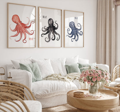 Three framed octopus illustrations above a white sofa in a cozy living room with floral decor.