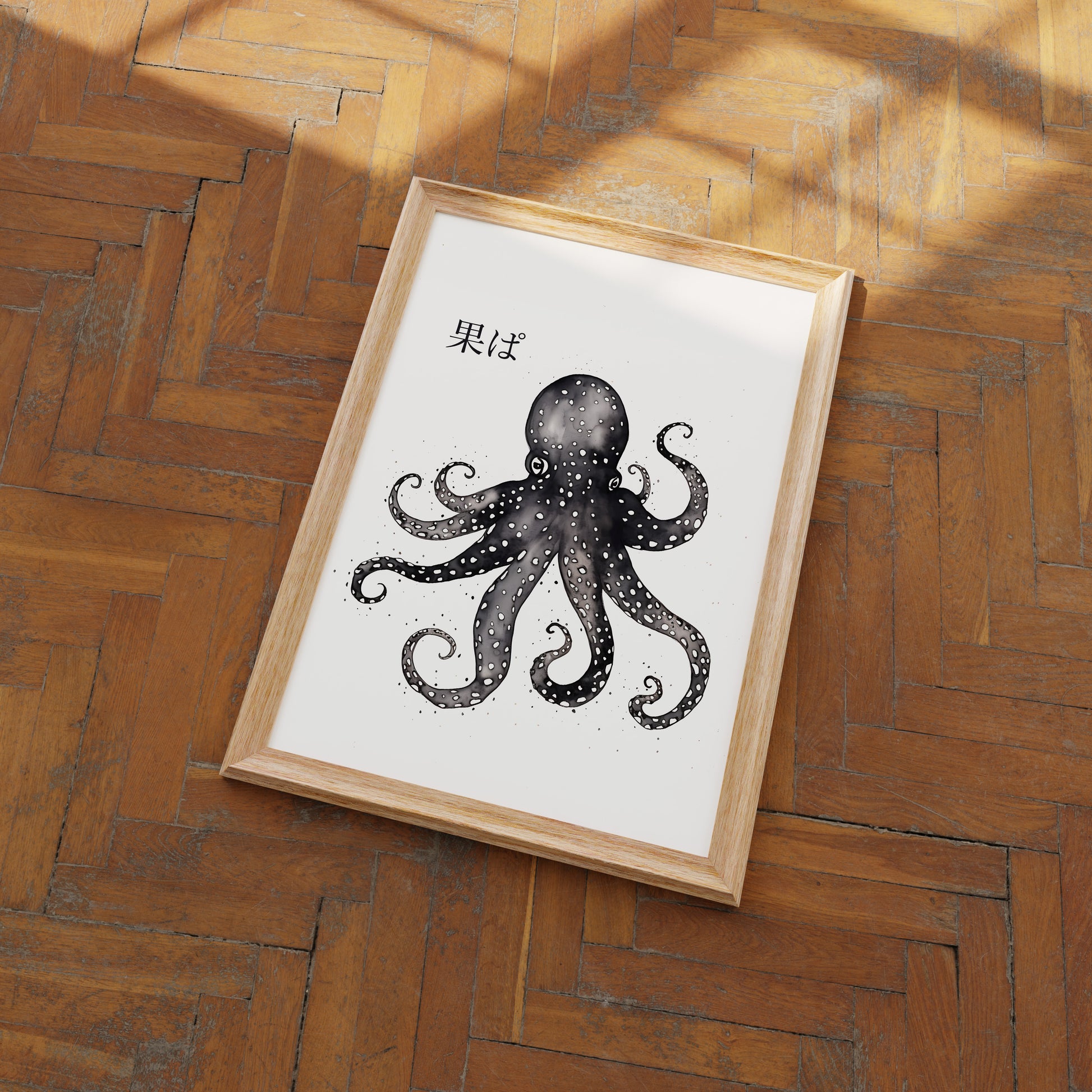 A framed illustration of an octopus on a wooden floor.