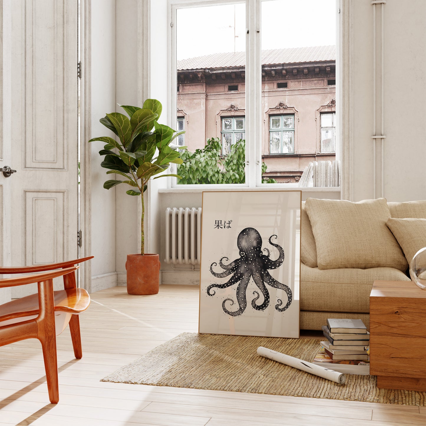 A cozy living room with a poster of an octopus on the floor leaning against a wall.