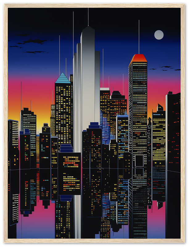 A stylized cityscape at night with skyscrapers and a full moon, framed by a wooden frame.