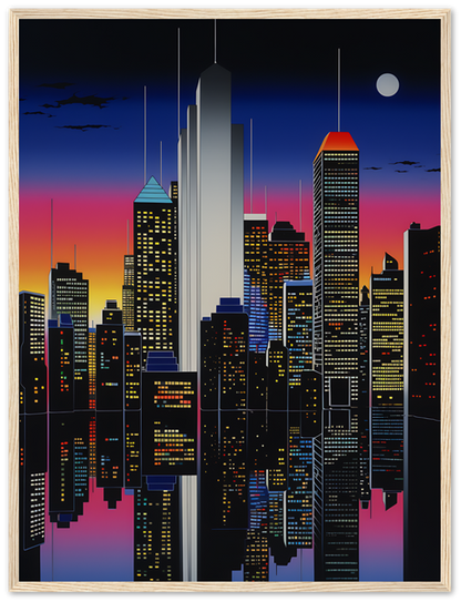 A stylized cityscape at night with skyscrapers and a full moon, framed by a wooden frame.