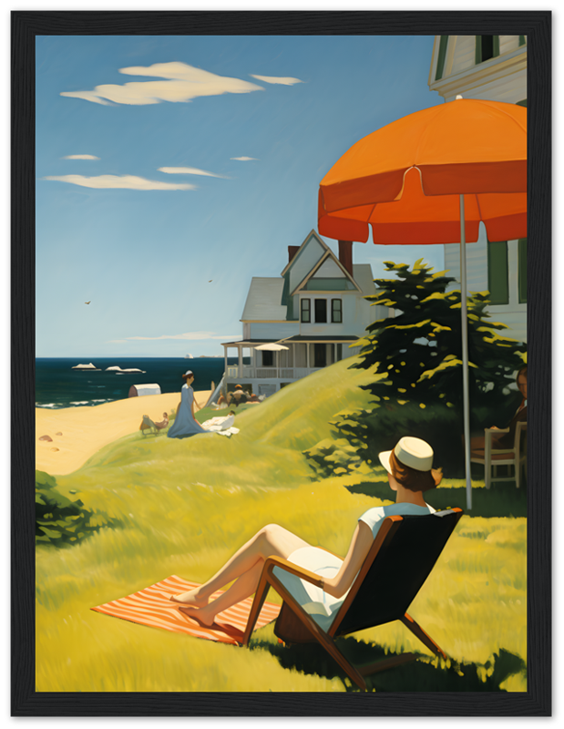 A painting of a person relaxing on a beach chair with an ocean view, under an umbrella, framed in wood.