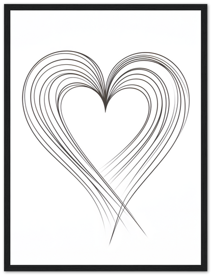 A framed black and white line art illustration of a heart shape within a wooden frame.