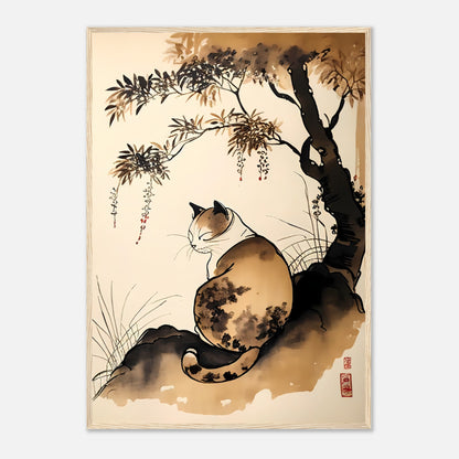 A traditional Asian-style painting of a cat under a tree with hanging foliage.