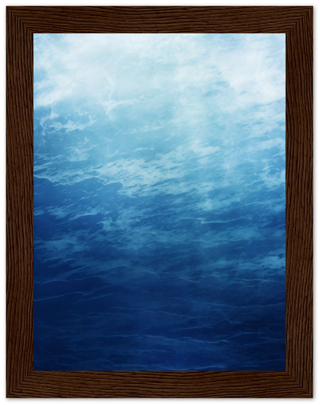 Painting of a tranquil blue ocean view with clouds, framed in dark wood.