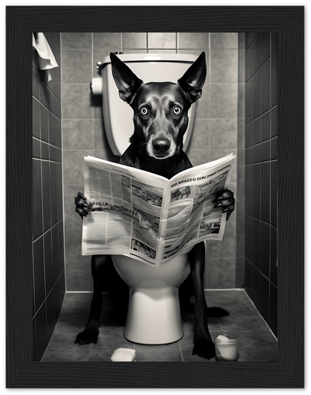 Dog with human hands reading a newspaper on a toilet.