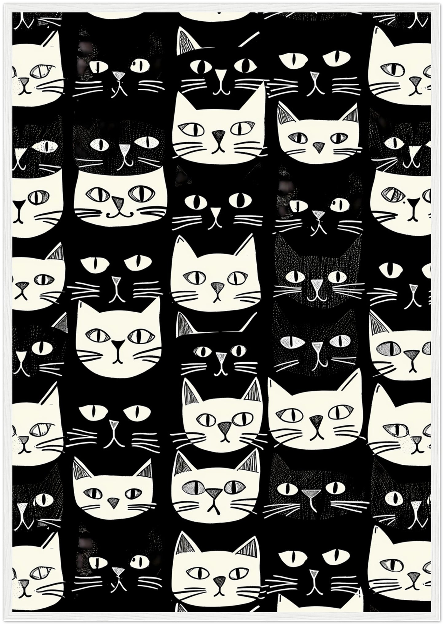 Black and white patterned artwork featuring various stylized cat faces.