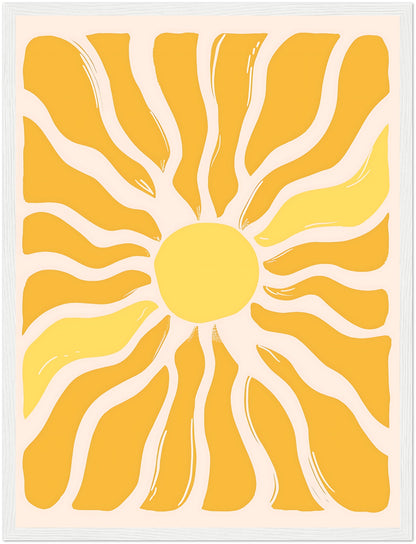 Abstract sunburst pattern with yellow and white rays on a framed canvas.