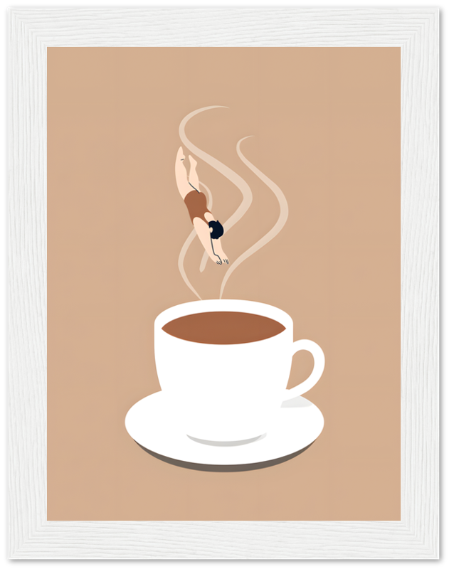 Illustration of a person diving into a large cup of coffee.