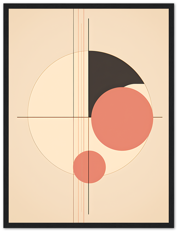 Abstract artwork with geometric shapes and lines in black, beige, and red tones.