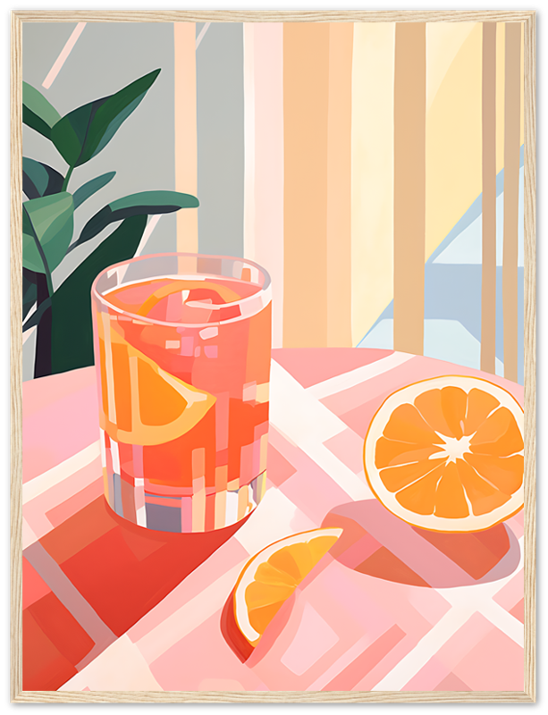 Illustration of a glass of iced drink with citrus slices, next to a halved orange on a table.