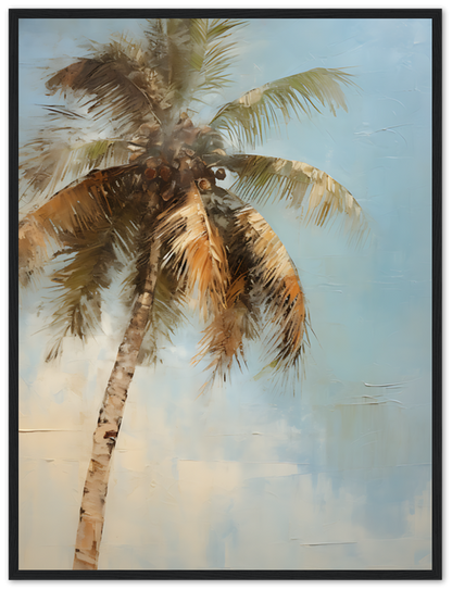 Painting of a palm tree with a blue sky background, framed and hung on a wall.