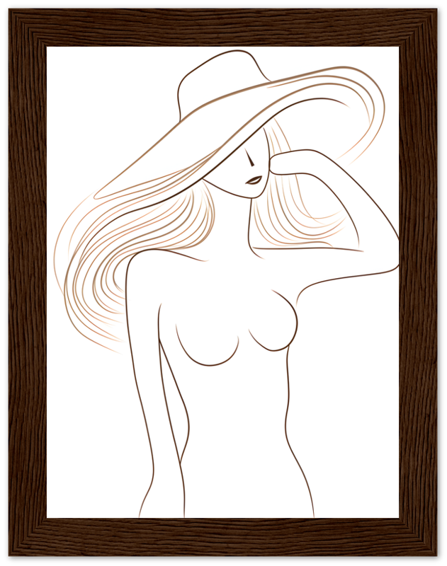 Illustration of a stylized woman in a wide-brimmed hat, framed on a wall.