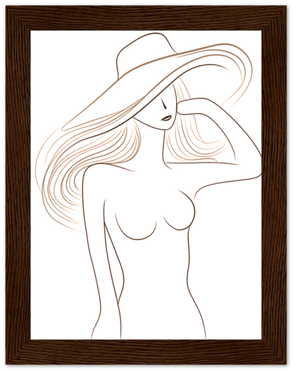 Illustration of a stylized woman in a wide-brimmed hat, framed on a wall.
