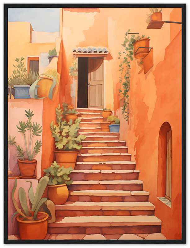 A colorful painting of a sunlit staircase with potted plants leading to a door.