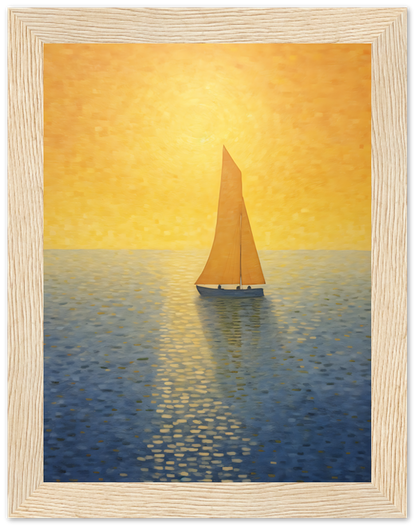 Painting of a sailboat at sunset with a golden sky and sea, framed on a wall.
