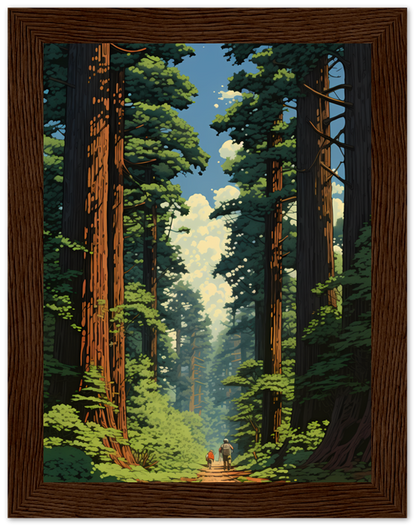 A framed illustration of two people walking in a forest with towering trees.