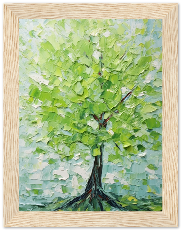 An impressionistic painting of a vibrant green tree with a thick brown trunk, framed in light wood.
