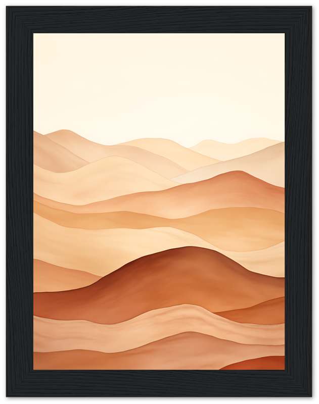 "Abstract illustration of layered desert hills in warm tones, framed in black."