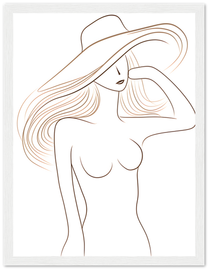 Stylized line drawing of a woman wearing a wide-brimmed hat.