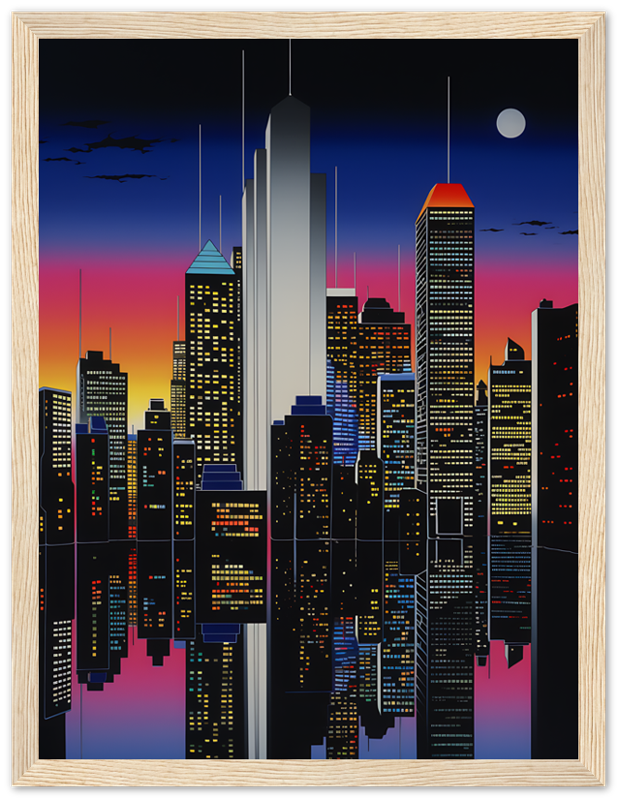 A stylized cityscape at night with illuminated buildings, framed as artwork.