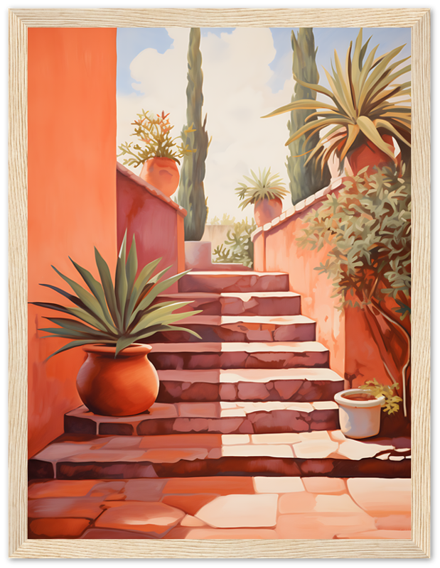 A painting of a sunny outdoor staircase with plants in terracotta pots.