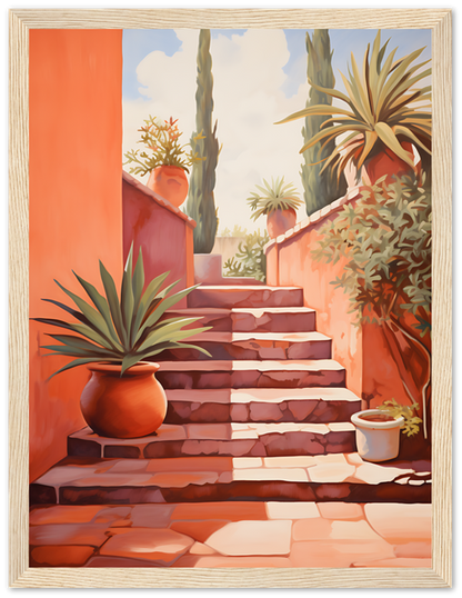 A painting of a sunny outdoor staircase with plants in terracotta pots.