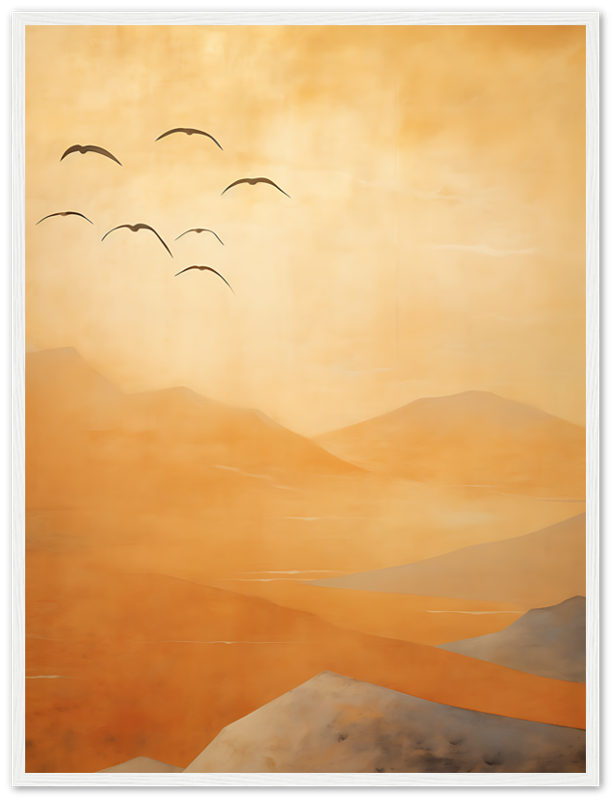 A serene painting of orange-hued hills with a group of birds flying in a golden sky.