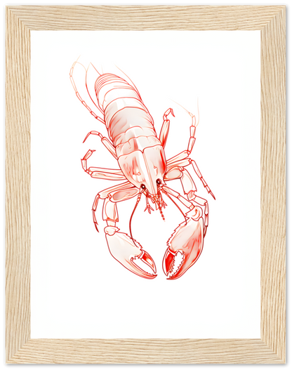 Illustration of a red lobster framed on a wall.