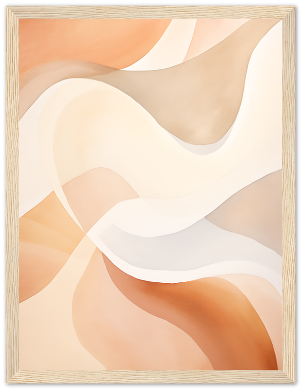 Abstract wavy art in warm hues with a wooden frame.