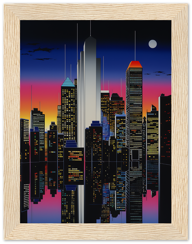 A stylized cityscape at night with skyscrapers and a full moon, framed by a wooden frame.