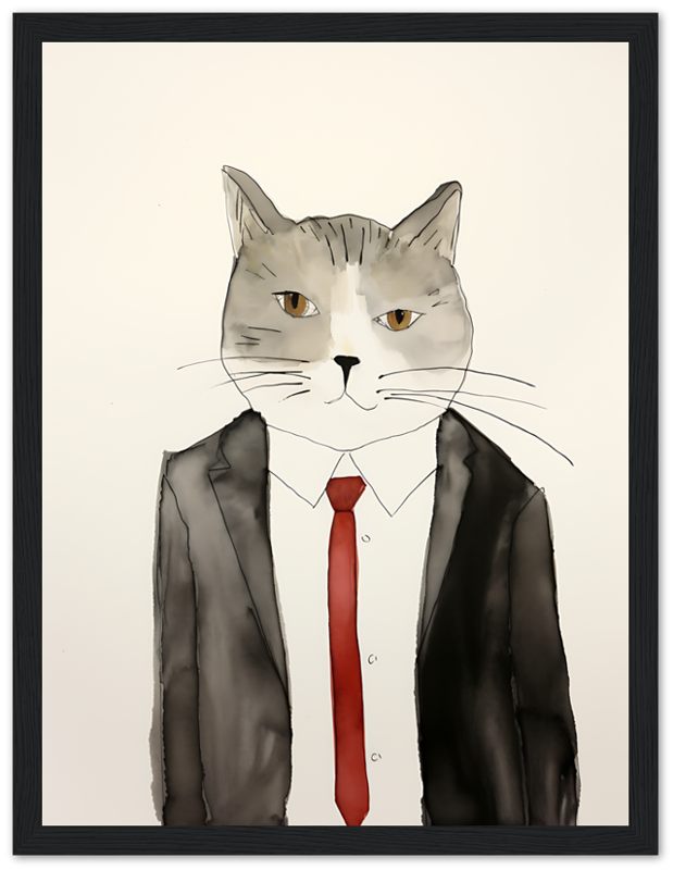 Illustration of a cat with human body in suit and tie, framed on a wall.