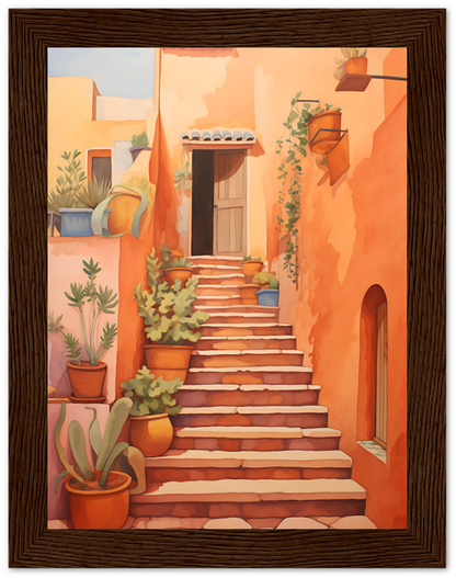 A framed painting of a cozy sunlit courtyard with plants and a staircase.