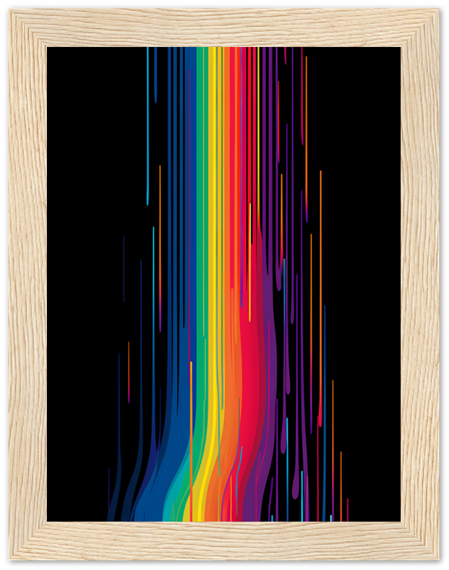 Abstract colorful streaks on a black background in a wooden frame.
