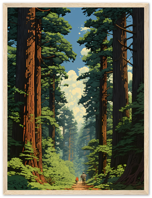 A framed illustration of two people walking in a forest with towering trees.