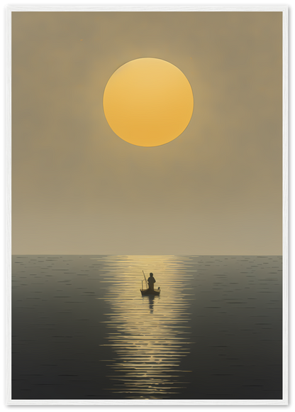 A framed image of a solitary fisherman on a calm sea at sunset.