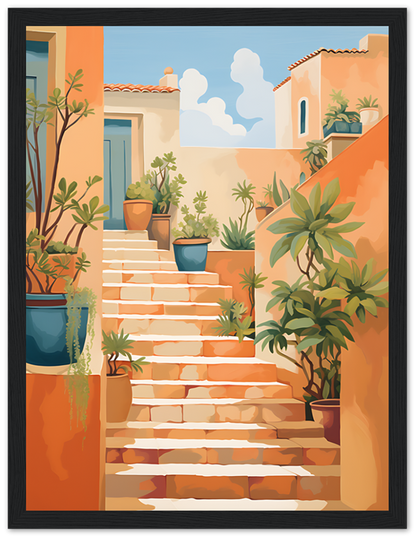 A warm-hued illustration of a charming staircase between Mediterranean-style houses with potted plants.